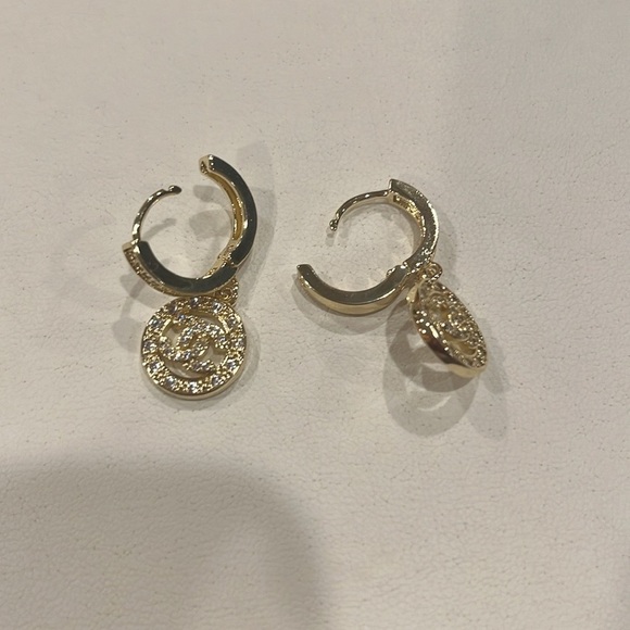 New Gold plated pair of designer look dangling Huggies Earrings - Picture 2 of 5